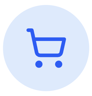 A simple blue shopping cart icon on a light blue circular background.