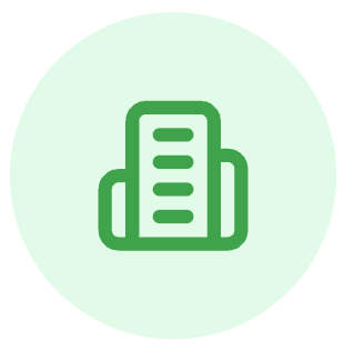 A green icon of a document or paper with several lines, symbolizing documentation or reports, set against a light green circular background.